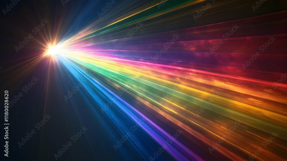 Poster abstract spectrum of rainbow light rays passing through a prism against a dark backdrop -