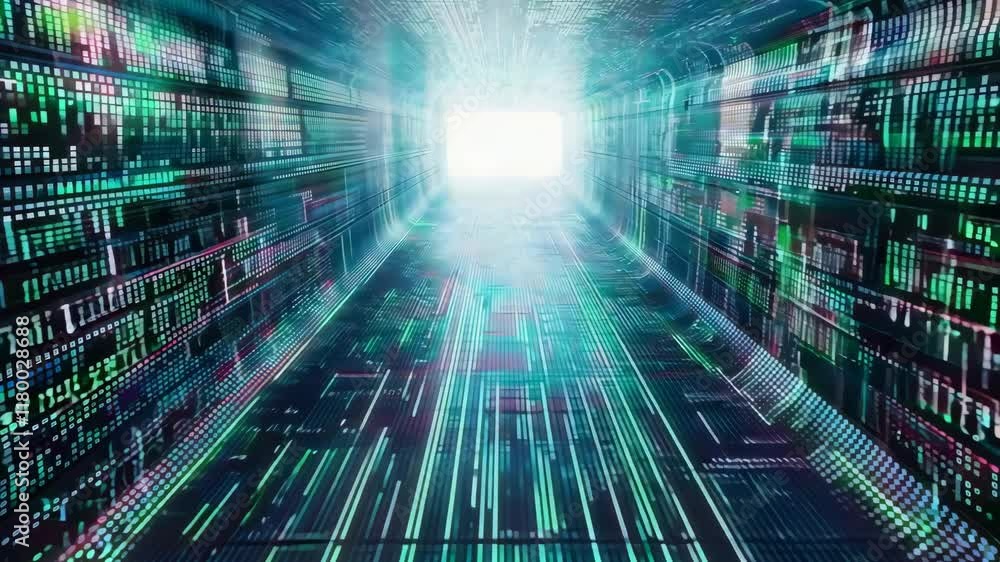 Poster tunnel made of binary data, light at the end of the tunnel