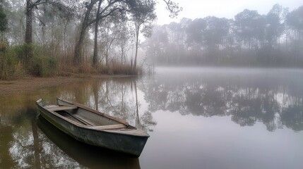 Obraz premium A solitary boat rests on a serene, misty lake surrounded by trees on a foggy morning.