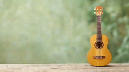 Naklejka premium Wooden ukulele on a rustic table with a blurred green background.