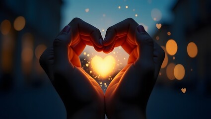 Heart shape made with hands, glowing heart inside, romantic background.