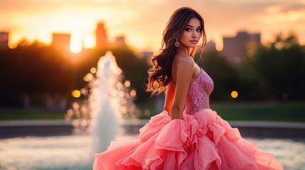 Beautiful Woman In Pink Gown At Sunset