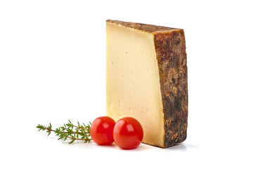 Rustic cheese wedge, isolated on white background.