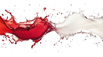 Dynamic contrast of red and white liquid splashes merging in creative harmony