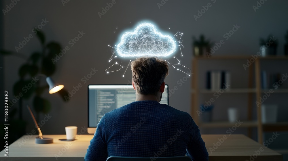 Aufkleber person sitting at a desk with computer, cloud icon above head representing digital connectivity and 