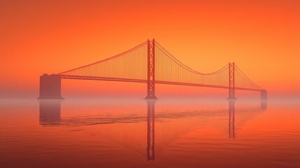 Obraz premium Suspension bridge at sunset, reflected in calm water with fog.