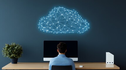 Person at Desk with Computer in Front of Wall Mounted Cloud Graphics Representing Digital Connectivity and Data Storage Solutions in Modern Office Environment