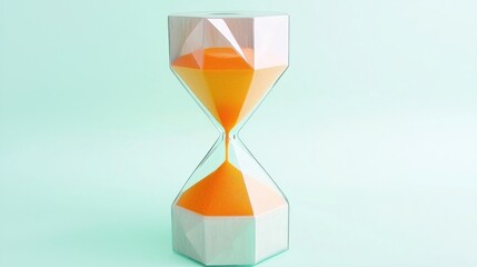 A modern hourglass with orange sand against a light background.