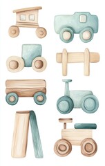 Fototapeta premium Watercolor illustrations of wooden toy cars and trains with pastel colors and minimalist design.