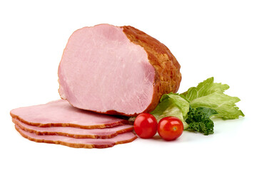 Sliced smoked pork loin, isolated on white background.