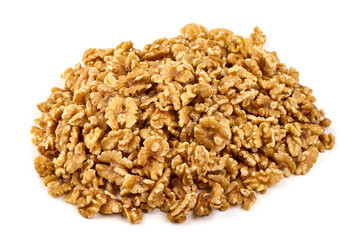 Shelled walnuts isolated on white background.