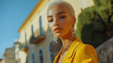 Fototapeta premium Stylish model poses outdoors in yellow outfit against a vibrant building backdrop