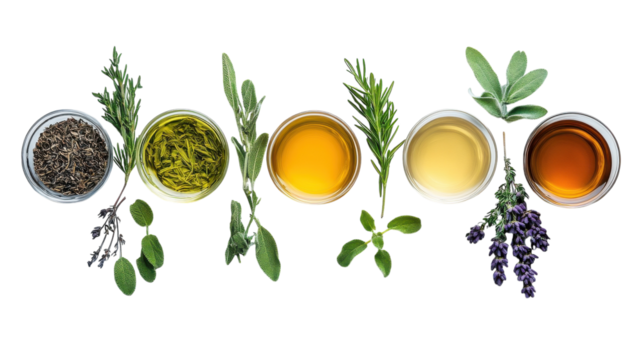 An array of aromatic herbs and oils displayed creatively for culinary inspiration