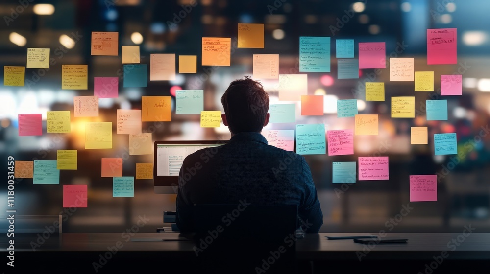 Poster creative workspace with a person focused on computer surrounded by colorful sticky notes, representi