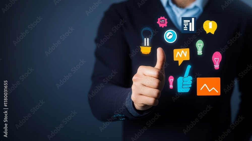 Poster businessman using digital interface with colorful icons representing ideas, data, and communication 