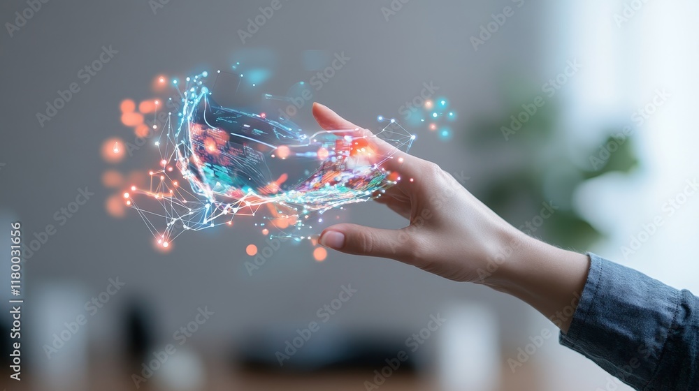 Aufkleber innovative digital manipulation concept showing human hand interacting with colorful glowing data an