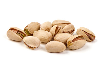 Pistachio nuts, isolated on white background. Close-up.