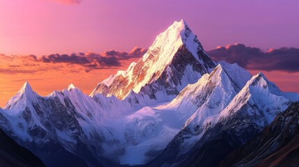 Fototapeta premium Majestic Snow-Capped Peaks at Sunset: A Serene Landscape