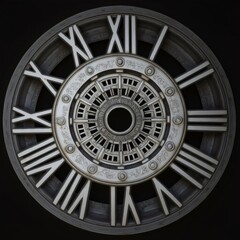 Obraz premium Esfera de reloj con números romanos y diseño antiguo sobre fondo negro 