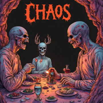 Banquete macabro con esqueletos y zombis bajo el t&iacute;tulo CHAOS
