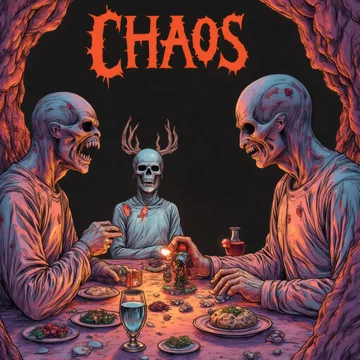 Banquete macabro con esqueletos y zombis bajo el título CHAOS