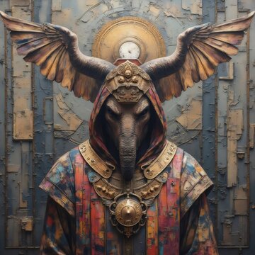 Figura antropomorfa con cabeza de elefante, alas y t&uacute;nica ornamentada.

