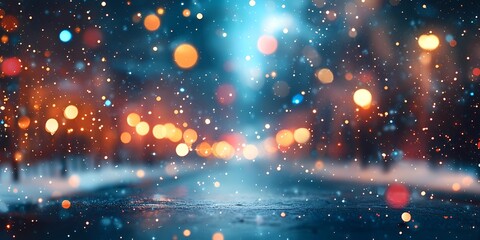 Obraz premium Blurred glowing lights on snowy city streets, creating a cozy wintery urban backdrop with warm and tranquil ambiance, style book illustration