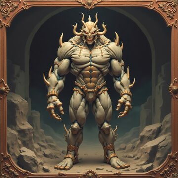 Humanoide musculoso con rasgos demon&iacute;acos en un entorno de caverna antigua.

