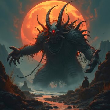 Monstruo gigante con cuernos y ojo rojo frente a la luna roja.
