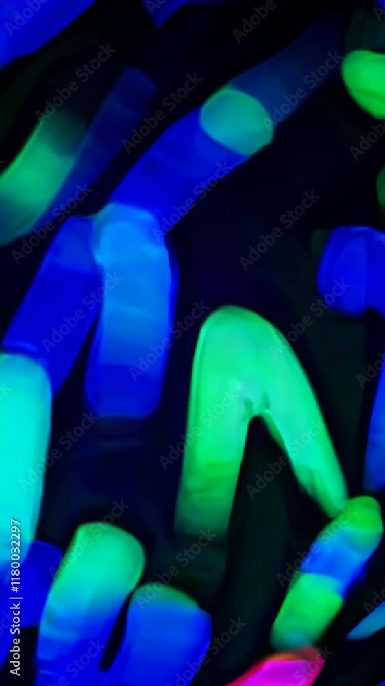 Poster neon lit abstract composition with glowing multicolored shapes and a cityscape in the background