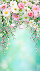 Delicate flowers in shades of pink and white create a beautiful hanging display against a soft turquoise backdrop, evoking tranquility