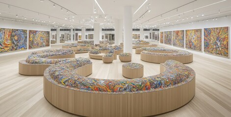 Art gallery featuring a collection of canvas paintings and plastic models