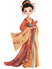 Cartoon Chinese Woman in Traditional Attire, Illustration of Chinese Woman in Traditional Dress, Traditional Chinese Woman in Cartoon Style, cute chinese cartoon