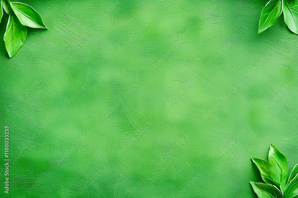 Aufkleber a vibrant green surface with textured patterns features fresh leaves in the corners, ideal for natur