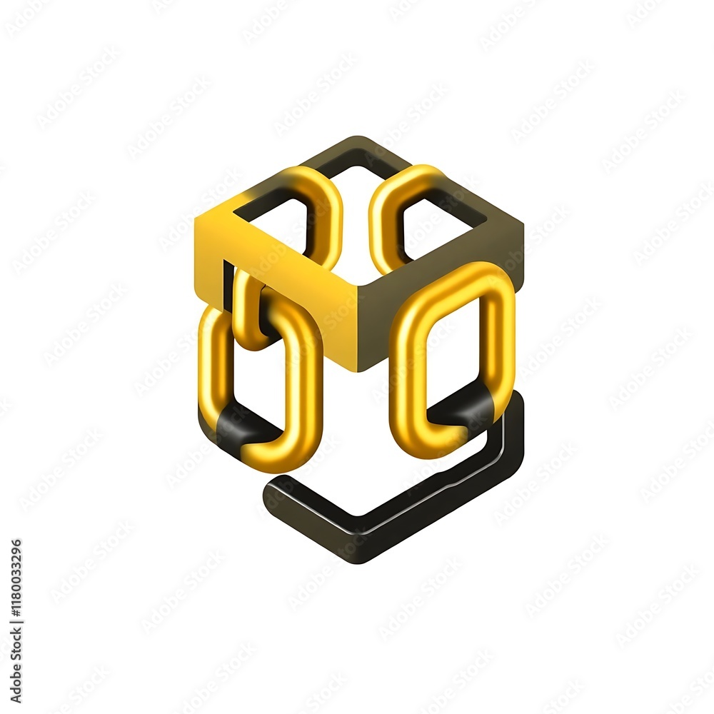Poster golden cube chain link: abstract isometric illustration of interconnected gold chains forming a cube