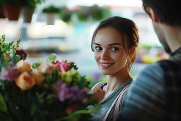young florist girl in florist shop selling bouquet of flowers to man
