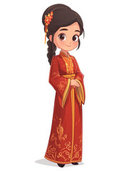 Cartoon Chinese Woman in Traditional Attire, Illustration of Chinese Woman in Traditional Dress, Traditional Chinese Woman in Cartoon Style