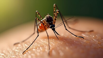 Fototapeta premium Macro Shot of Mosquito Drinking Blood on Human Skin Under Natural Light