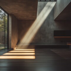 A sleek modern room with celestial light filtering through beams, ideal for showcasing logos, product presentations, or minimalist interior design projects.