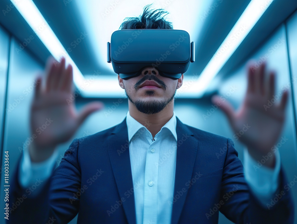 Poster man in suit using virtual reality headset in futuristic elevator with soft lighting