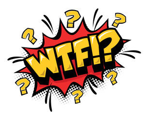 Lettering WTF in comic style. Vector negative burst icon speech phrase, cartoon font label tag expression. Vector on transparent background