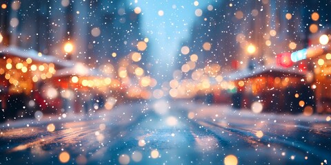 Obraz premium Blurred glowing lights on snowy city streets, creating a cozy wintery urban backdrop with warm and tranquil ambiance, style book illustration