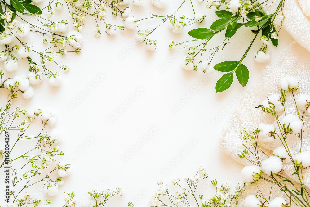 Poster a beautiful arrangement of tiny white flowers and greenery frames a blank space on a soft white surf