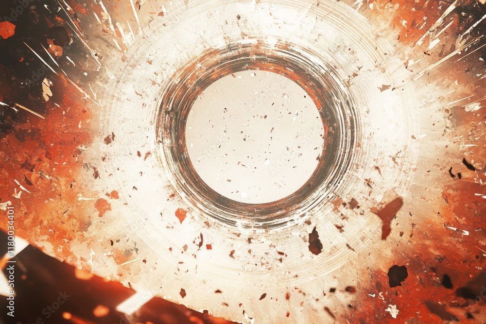 Poster liquid motion and explosion are captured in an abstract circle format. curved waves and vibrant, col