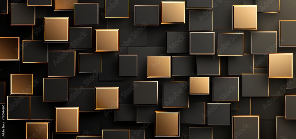 Poster this abstract design features a dynamic arrangement of black and gold squares, creating a modern and