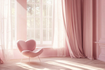 Elegant Pink Interior with Heart-Shaped Chair, Wooden Floors, and Sunlit Drapes – Cozy and Minimalistic Room Design