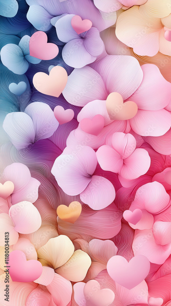 Poster soft pastel petals in various colors and heart shapes blend harmoniously, creating a vibrant and eye