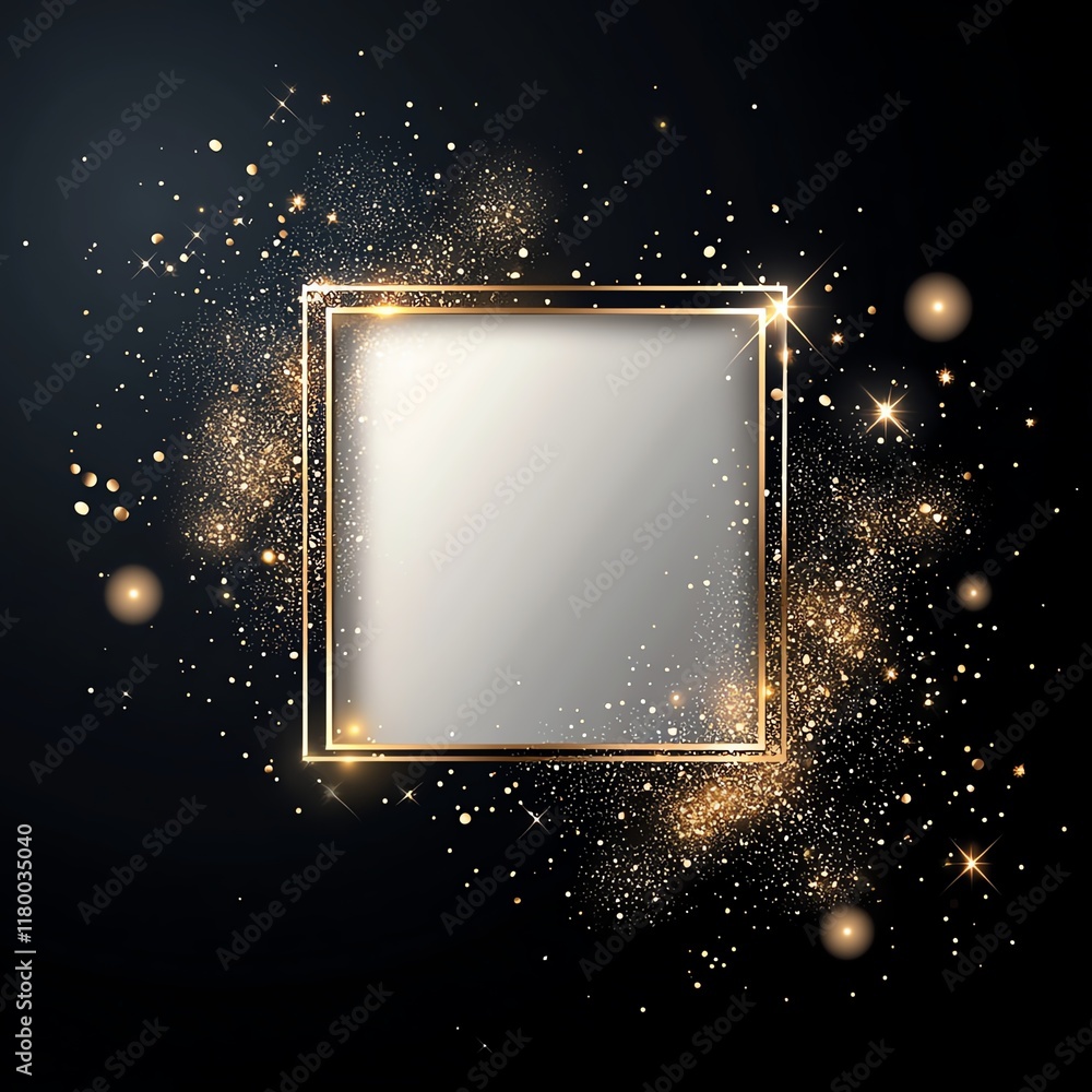 Poster a stunning square frame surrounded by a sparkling array of golden particles and light on a dark back