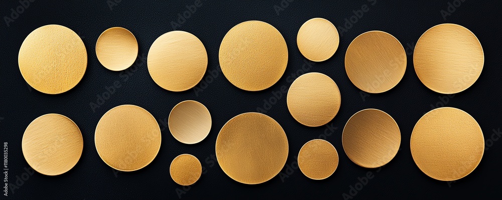 Poster a collection of golden circles of various sizes set against a dark background, perfect for design pr