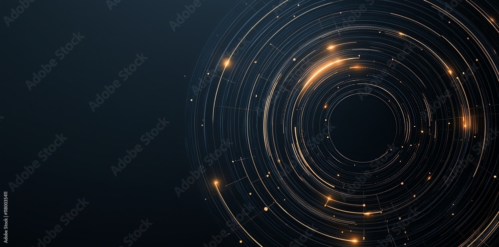 Poster abstract geometric design featuring circular lines and glowing particles on a dark background, perfe